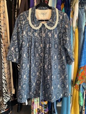 Blue Lace Pea Coat with Pearl-Trim Collar